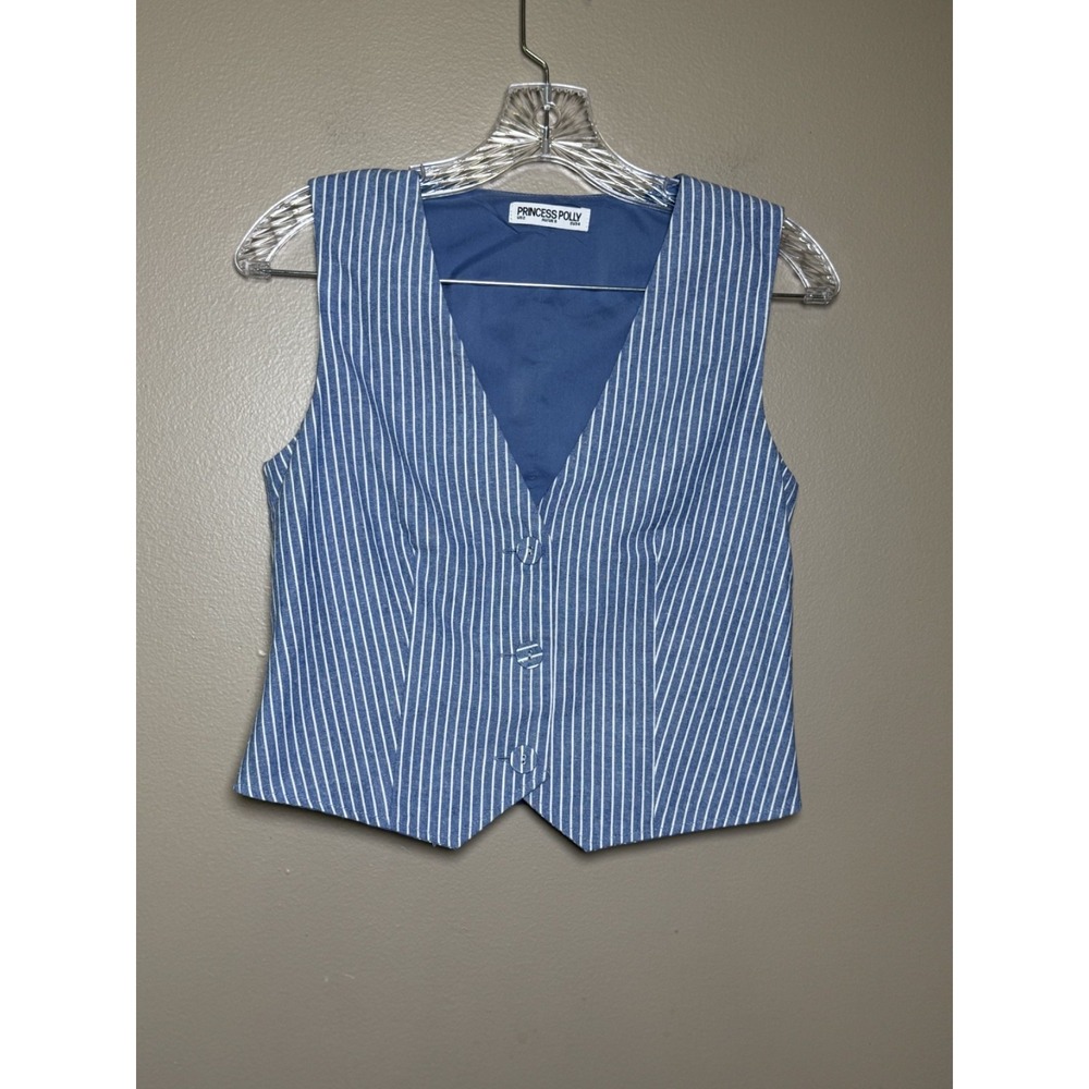 Princess Polly Veridian Blue White Striped Vest Top Size 2 Tailored V-Neck